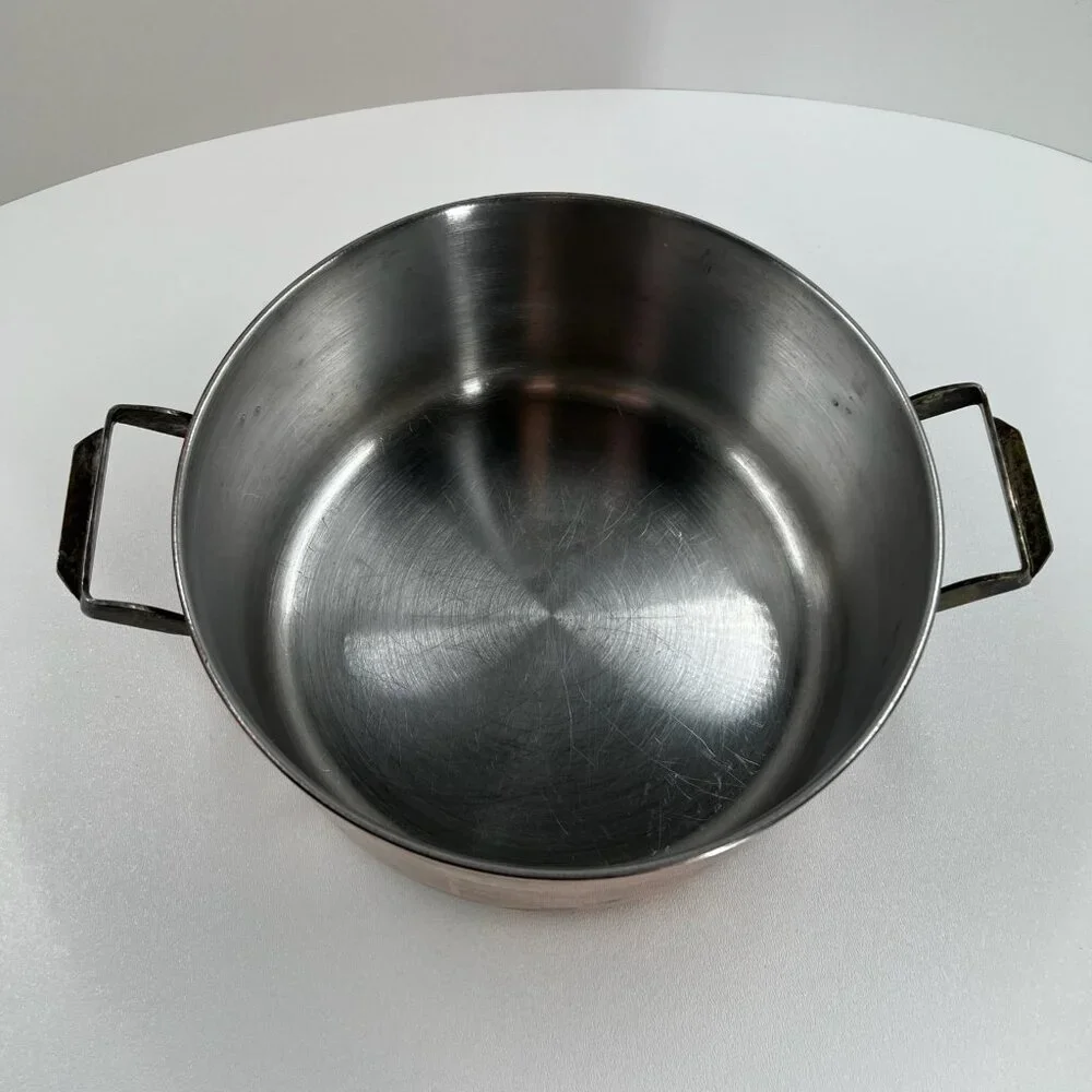 Vintage Copper Pot Stainless Steel Lined 9" Casserole Dual Brass Handles - Picture 6 of 11